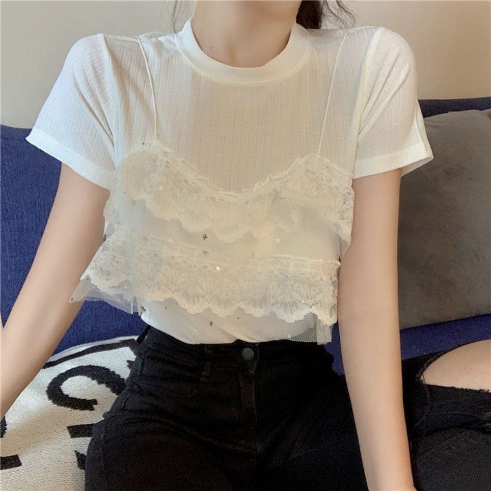 Lace Panel Mock Two Piece Top